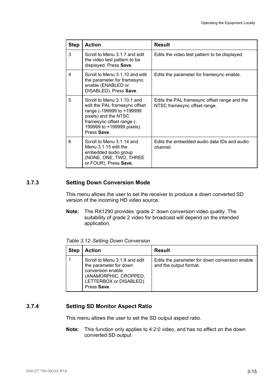 3 setting down conversion mode, 4 setting sd monitor aspect ratio, Setting down conversion mode -15 | Setting sd monitor aspect ratio -15, Table 3.12, Setting down conversion -15 | Ericsson Multi-Format Receiver RX1290 User Manual | Page 53 / 176
