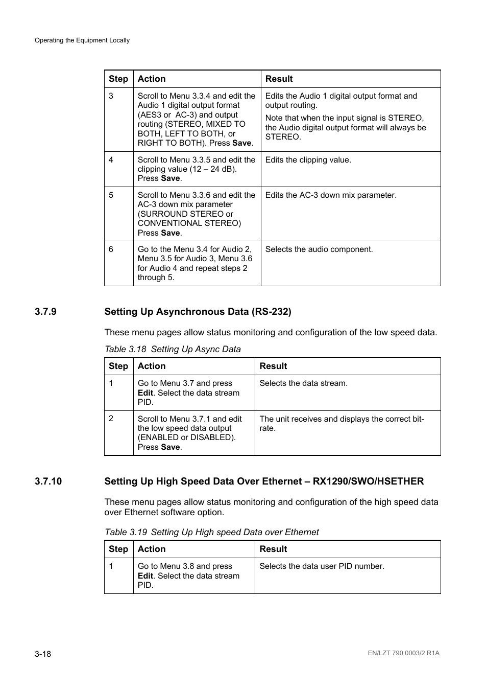 9 setting up asynchronous data (rs232), Setting up asynchronous data (rs-232) -18, Table 3.18 | Setting up async data -18, Table 3.19, Setting up high speed data over ethernet -18 | Ericsson Multi-Format Receiver RX1290 User Manual | Page 56 / 176