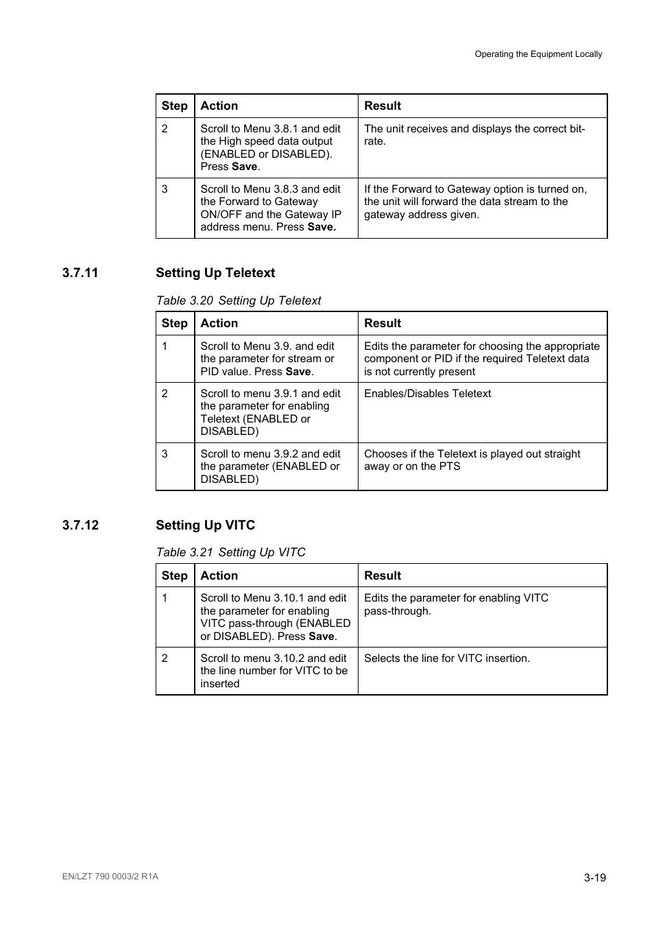 11 setting up teletext, 12 setting up vitc, Setting up teletext -19 | Setting up vitc -19, Table 3.20, Table 3.21 | Ericsson Multi-Format Receiver RX1290 User Manual | Page 57 / 176