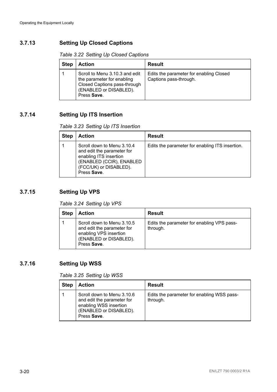13 setting up closed captions, 14 setting up its insertion, 15 setting up vps | 16 setting up wss, Setting up closed captions -20, Setting up its insertion -20, Setting up vps -20, Setting up wss -20, Table 3.22, Table 3.23 | Ericsson Multi-Format Receiver RX1290 User Manual | Page 58 / 176