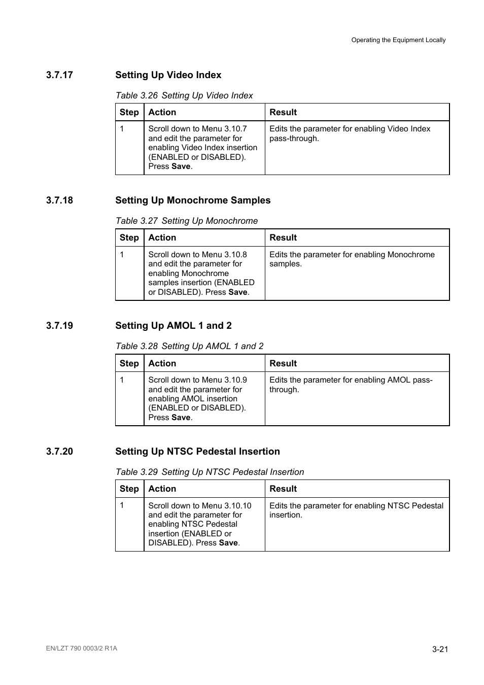 17 setting up video index, 18 setting up monochrome samples, 19 setting up amol 1 and 2 | 20 setting up ntsc pedestal insertion, Setting up video index -21, Setting up monochrome samples -21, Setting up amol 1 and 2 -21, Setting up ntsc pedestal insertion -21, Table 3.26, Table 3.27 | Ericsson Multi-Format Receiver RX1290 User Manual | Page 59 / 176