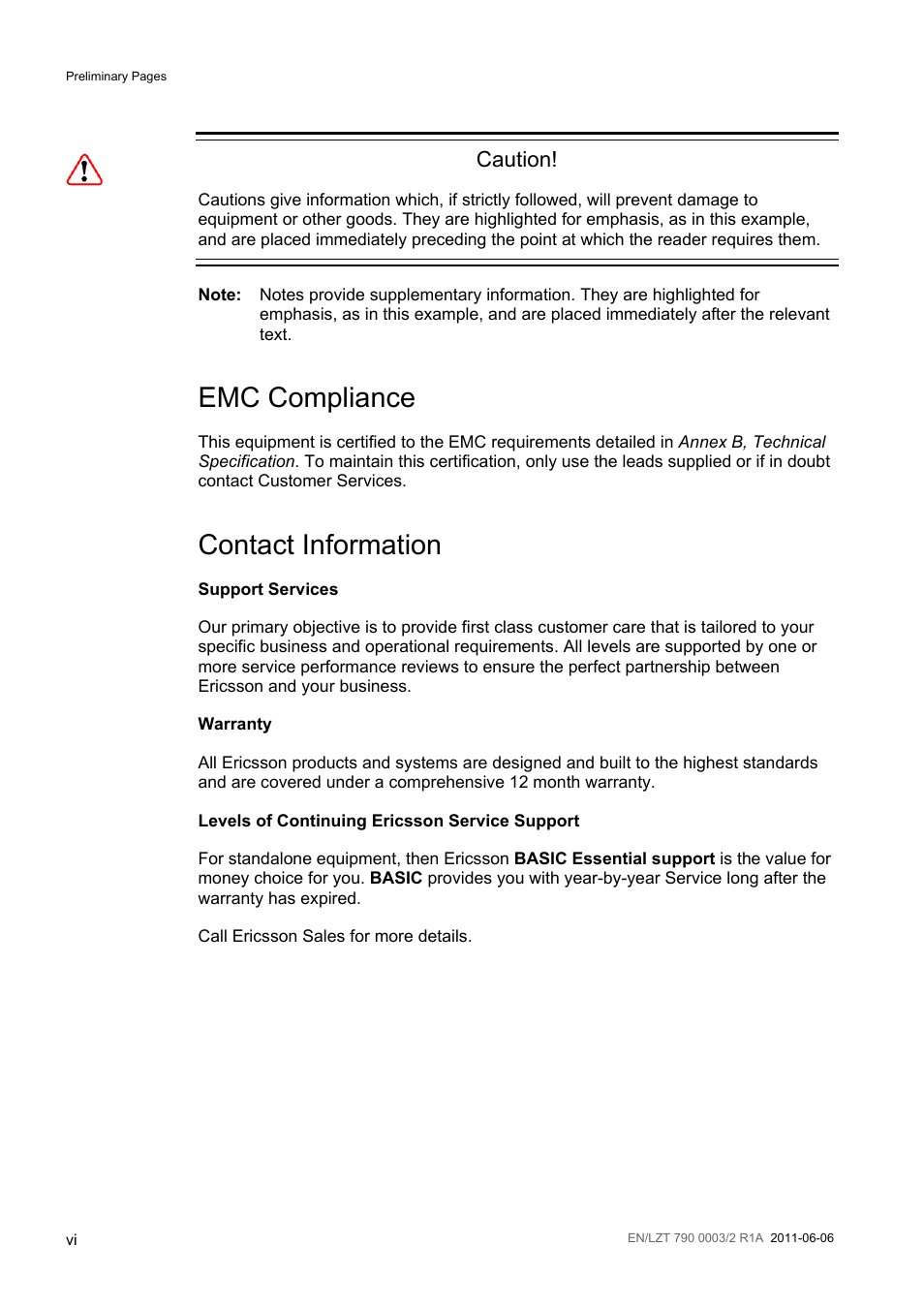 Emc compliance, Contact information, Caution | Ericsson Multi-Format Receiver RX1290 User Manual | Page 6 / 176