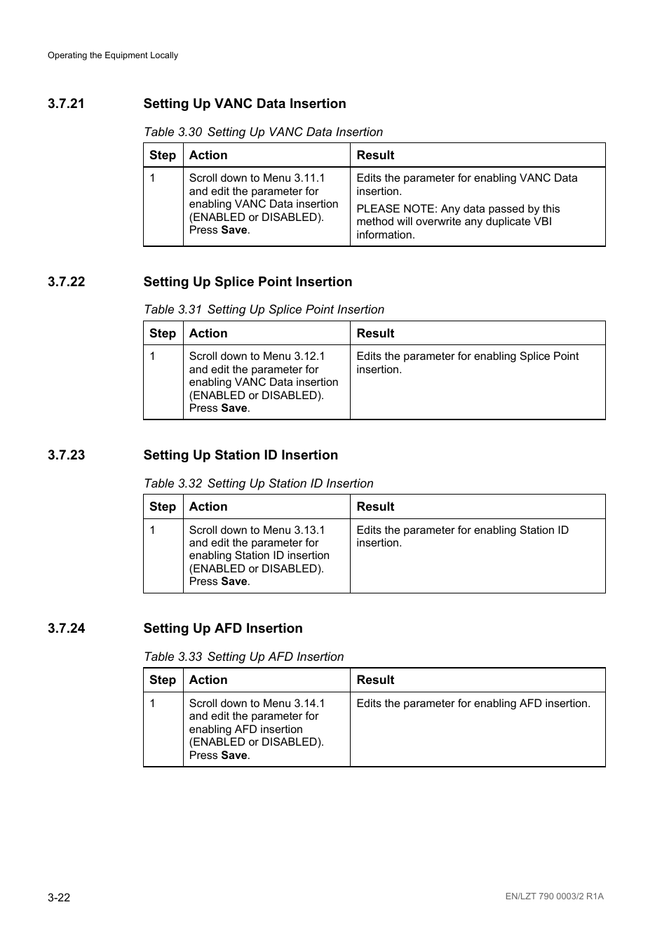 21 setting up vanc data insertion, 22 setting up splice point insertion, 23 setting up station id insertion | 24 setting up afd insertion, Setting up vanc data insertion -22, Setting up splice point insertion -22, Setting up station id insertion -22, Setting up afd insertion -22, Table 3.30, Table 3.31 | Ericsson Multi-Format Receiver RX1290 User Manual | Page 60 / 176