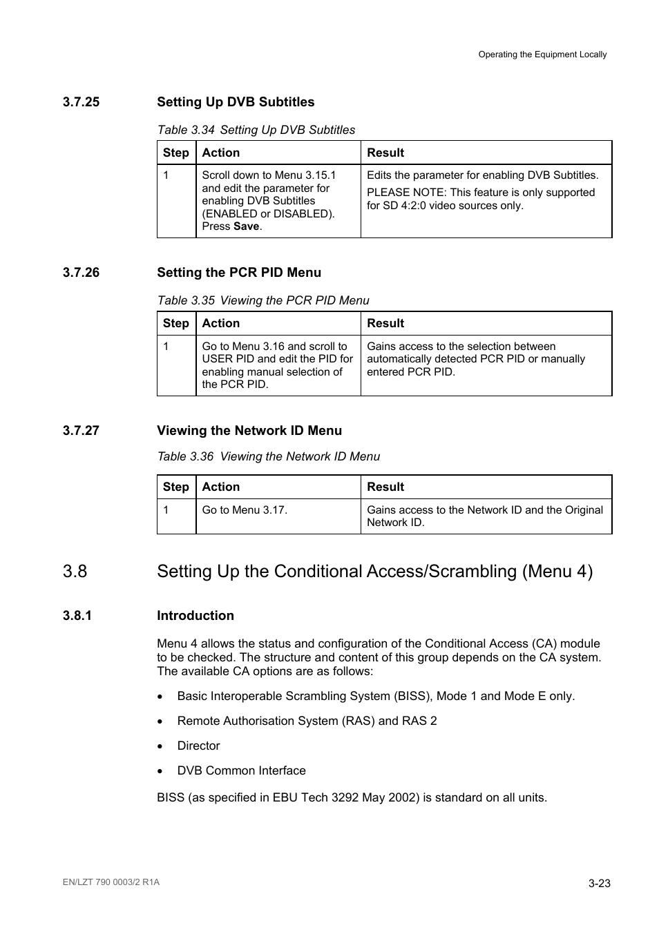25 setting up dvb subtitles, 26 setting the pcr pid menu, 27 viewing the network id menu | 1 introduction, Setting up dvb subtitles -23, Setting the pcr pid menu -23, Viewing the network id menu -23, Introduction -23, Table 3.34, Table 3.35 | Ericsson Multi-Format Receiver RX1290 User Manual | Page 61 / 176
