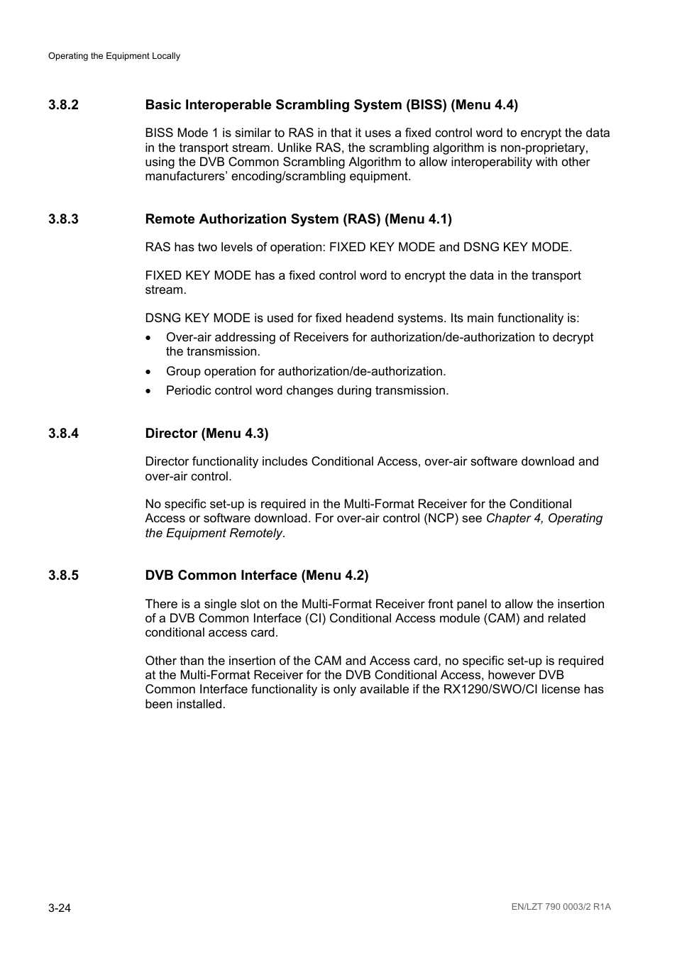 3 remote authorization system (ras) (menu 4.1), 4 director (menu 4.3), 5 dvb common interface (menu 4.2) | Remote authorization system (ras) (menu 4.1) -24, Director (menu 4.3) -24, Dvb common interface (menu 4.2) -24 | Ericsson Multi-Format Receiver RX1290 User Manual | Page 62 / 176