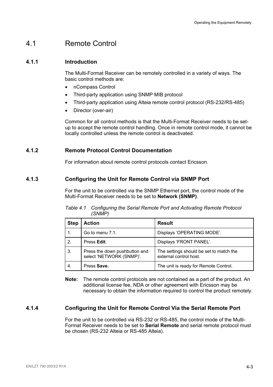 1 remote control, 1 introduction, 2 remote protocol control documentation | Remote control -3, Introduction -3, Remote protocol control documentation -3, Table 4.1 | Ericsson Multi-Format Receiver RX1290 User Manual | Page 69 / 176
