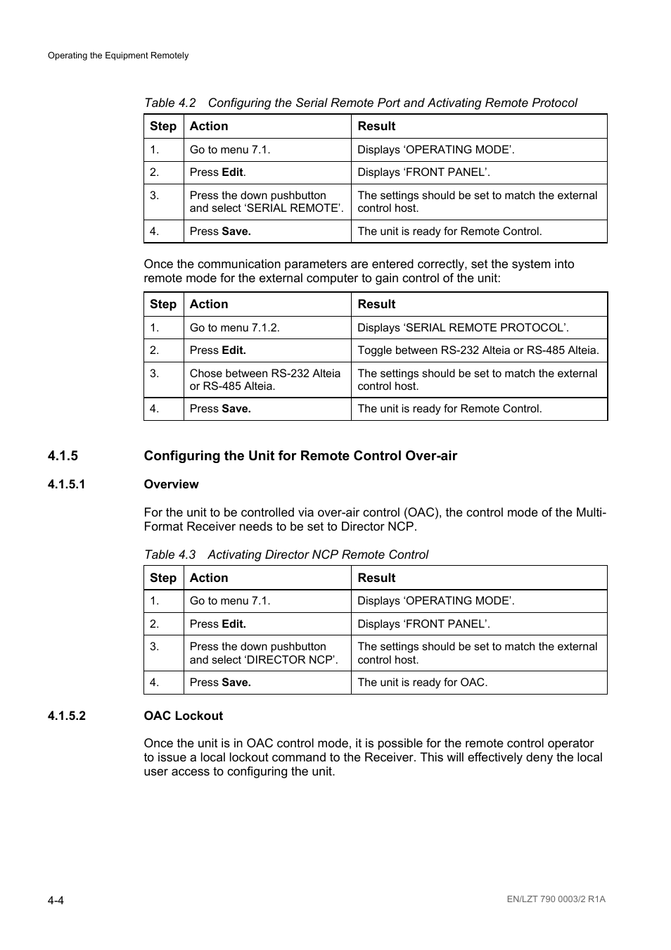 5 configuring the unit for remote control overair, 1 overview, 2 oac lockout | Overview -4, Oac lockout -4, Table 4.2, Table 4.3, Activating director ncp remote control -4 | Ericsson Multi-Format Receiver RX1290 User Manual | Page 70 / 176