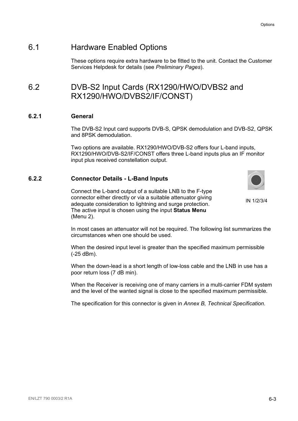 1 hardware enabled options, 1 general, Connector details - l-band inputs | Hardware enabled options -3, General -3, Connector details - l-band inputs -3 | Ericsson Multi-Format Receiver RX1290 User Manual | Page 79 / 176