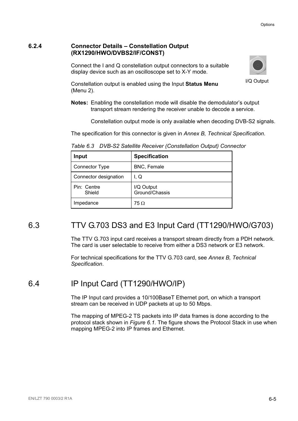 4 ip input card (tt1290/hwo/ip), Ip input card (tt1290/hwo/ip) -5, Table 6.3 | Ericsson Multi-Format Receiver RX1290 User Manual | Page 81 / 176