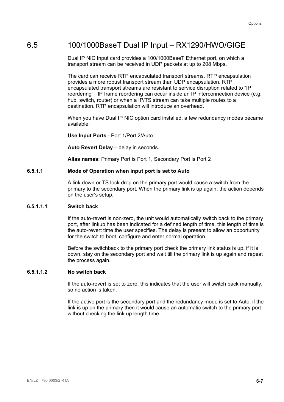 5 100/1000baset dual ip input – rx1290/hwo/gige, 1 mode of operation when input port is set to auto, 1 switch back | 2 no switch back, 100/1000baset dual ip input – rx1290/hwo/gige -7 | Ericsson Multi-Format Receiver RX1290 User Manual | Page 83 / 176
