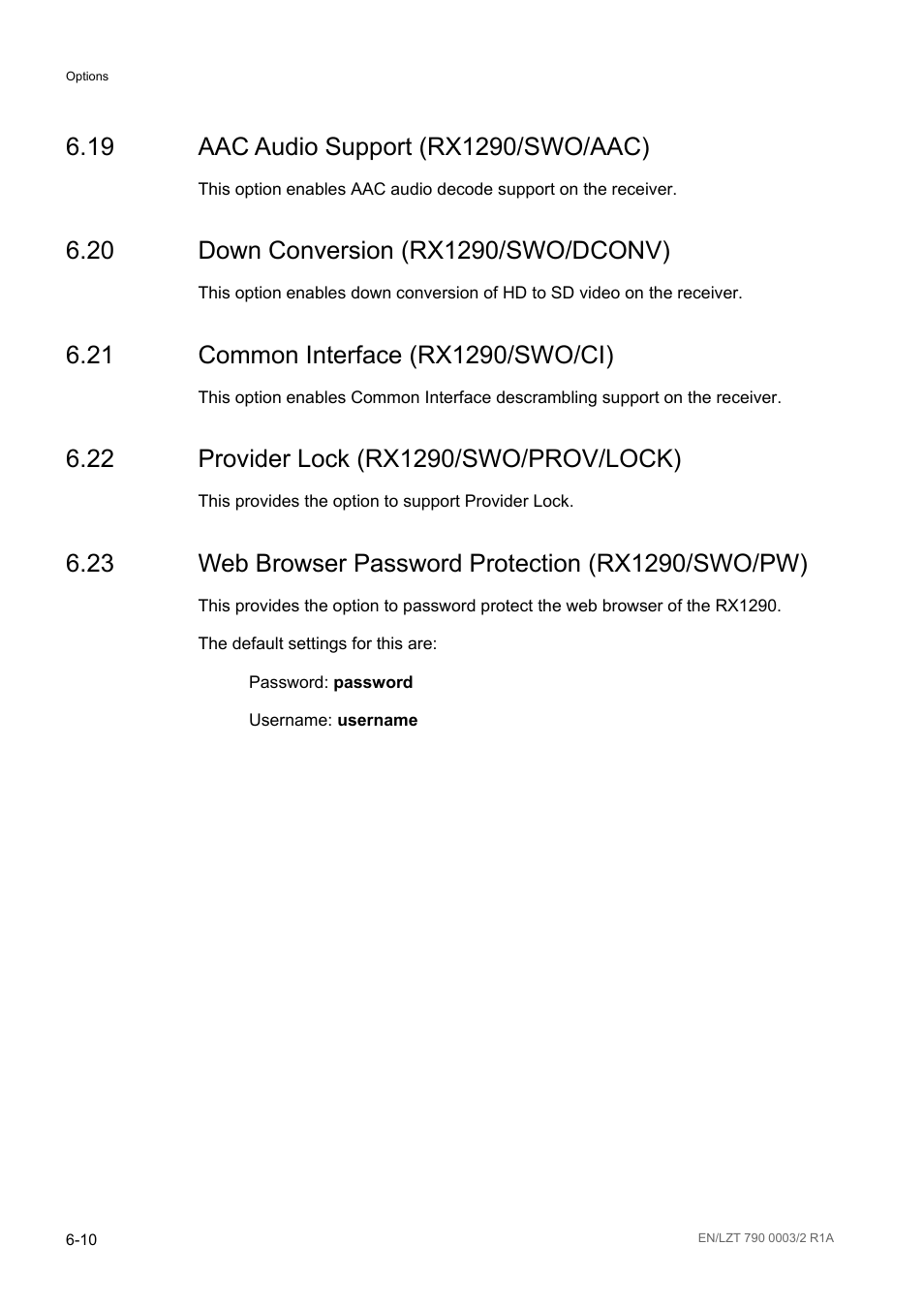 19 aac audio support (rx1290/swo/aac), 20 down conversion (rx1290/swo/dconv), 21 common interface (rx1290/swo/ci) | 22 provider lock (rx1290/swo/prov/lock), 23 web browser password protection (rx1290/swo/pw), Aac audio support (rx1290/swo/aac) -10, Down conversion (rx1290/swo/dconv) -10, Common interface (rx1290/swo/ci) -10, Provider lock (rx1290/swo/prov/lock) -10 | Ericsson Multi-Format Receiver RX1290 User Manual | Page 86 / 176