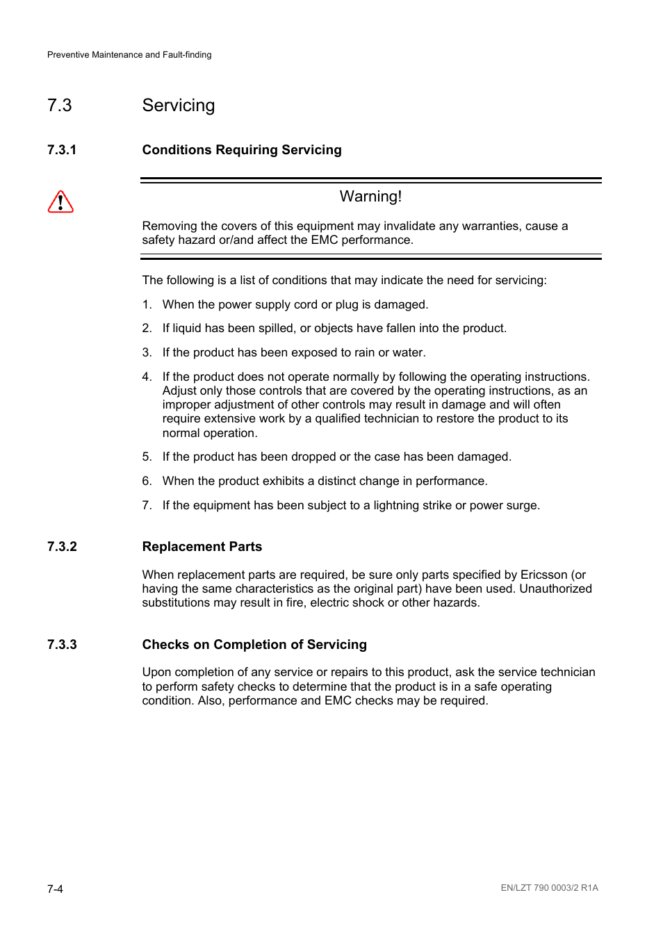 3 servicing, 1 conditions requiring servicing, 2 replacement parts | 3 checks on completion of servicing, Servicing -4, Conditions requiring servicing -4, Replacement parts -4, Checks on completion of servicing -4, Warning | Ericsson Multi-Format Receiver RX1290 User Manual | Page 90 / 176