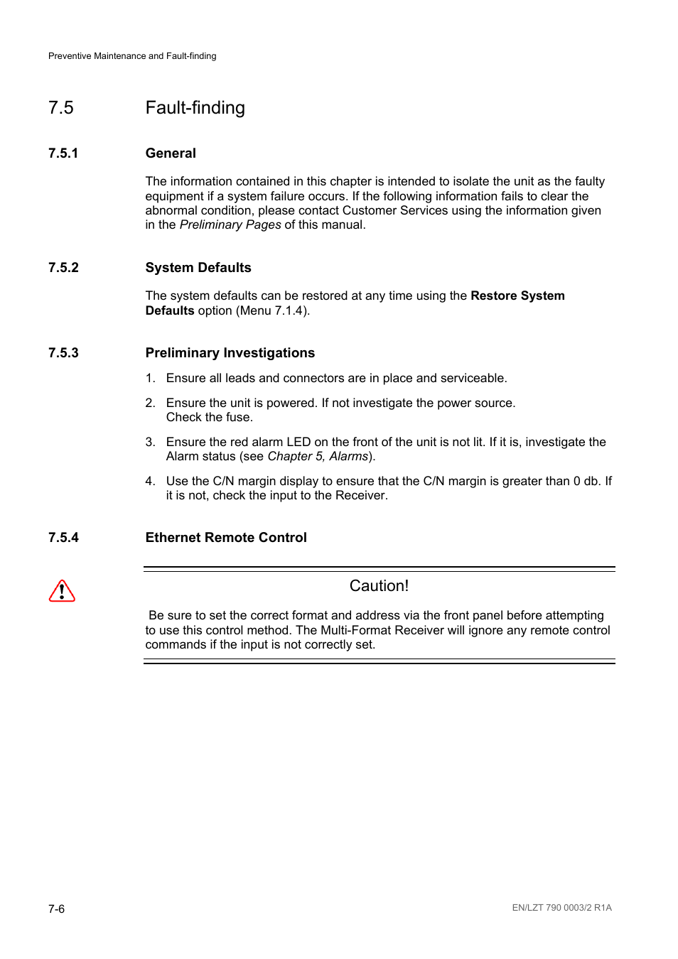5 fault-finding, 1 general, 2 system defaults | 3 preliminary investigations, 4 ethernet remote control, Fault-finding -6, General -6, System defaults -6, Preliminary investigations -6, Ethernet remote control -6 | Ericsson Multi-Format Receiver RX1290 User Manual | Page 92 / 176