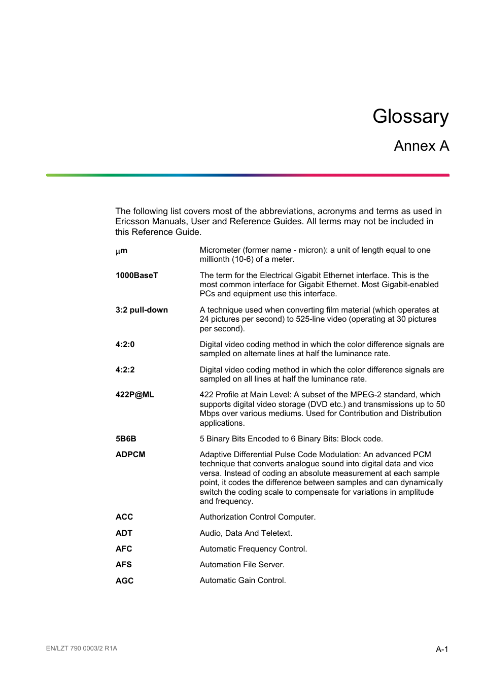 Re_e10228_aa_6, A glossary, Aglossary | Annex a | Ericsson Multi-Format Receiver RX1290 User Manual | Page 95 / 176
