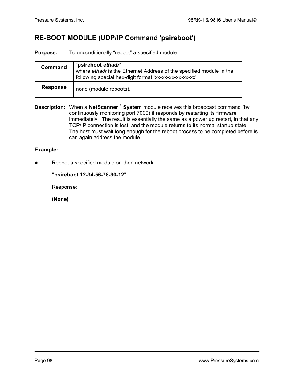 Re-boot module (udp/ip command 'psireboot') | Pressure Systems 98RK-1 User Manual | Page 100 / 153