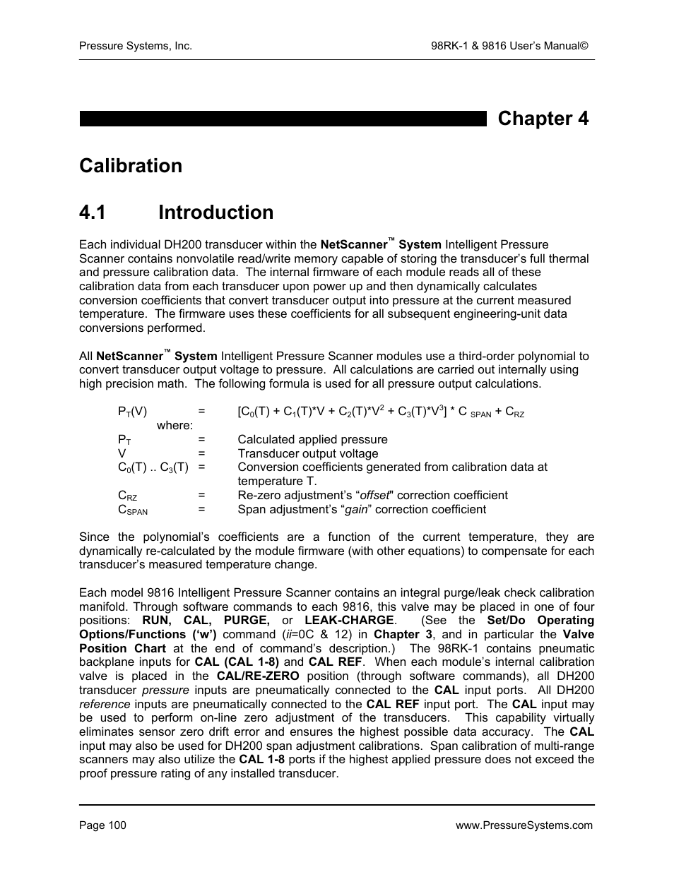 Chapter 4 calibration 4.1 introduction | Pressure Systems 98RK-1 User Manual | Page 102 / 153