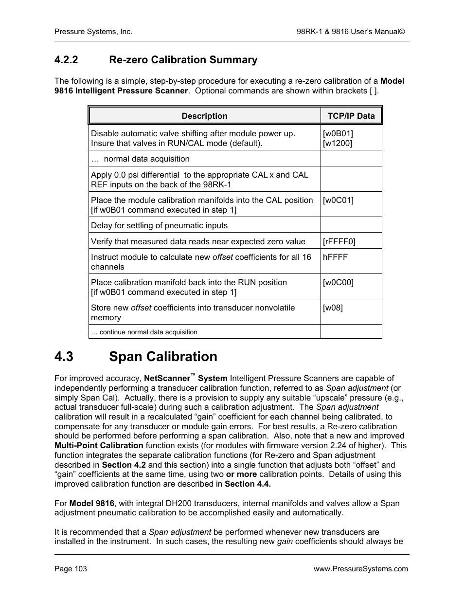 3 span calibration, 2 re-zero calibration summary | Pressure Systems 98RK-1 User Manual | Page 105 / 153