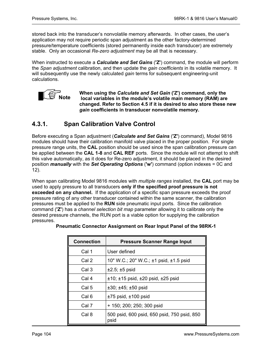 Span calibration valve control | Pressure Systems 98RK-1 User Manual | Page 106 / 153