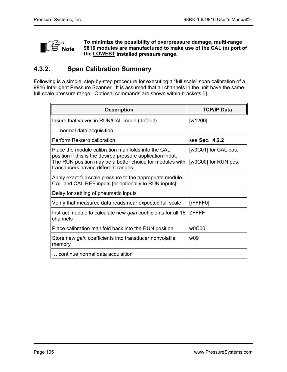 Span calibration summary | Pressure Systems 98RK-1 User Manual | Page 107 / 153