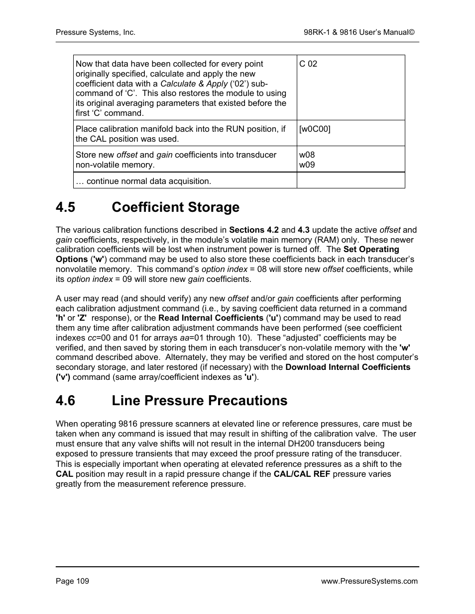 5 coefficient storage, 6 line pressure precautions | Pressure Systems 98RK-1 User Manual | Page 111 / 153