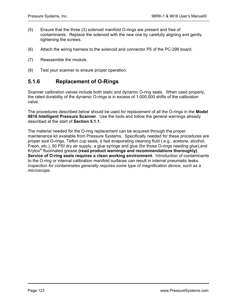 6 replacement of o-rings | Pressure Systems 98RK-1 User Manual | Page 125 / 153