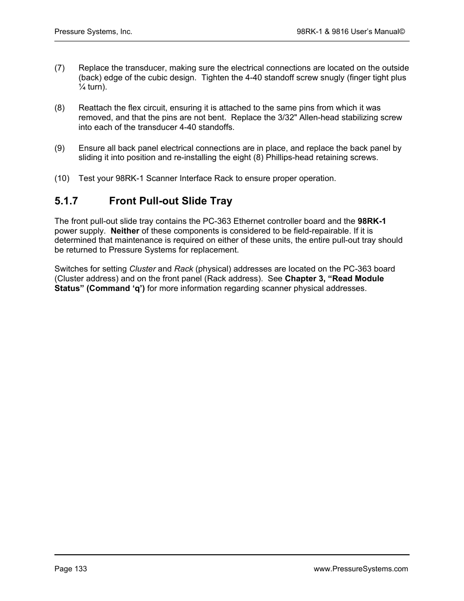 7 front pull-out slide tray | Pressure Systems 98RK-1 User Manual | Page 135 / 153