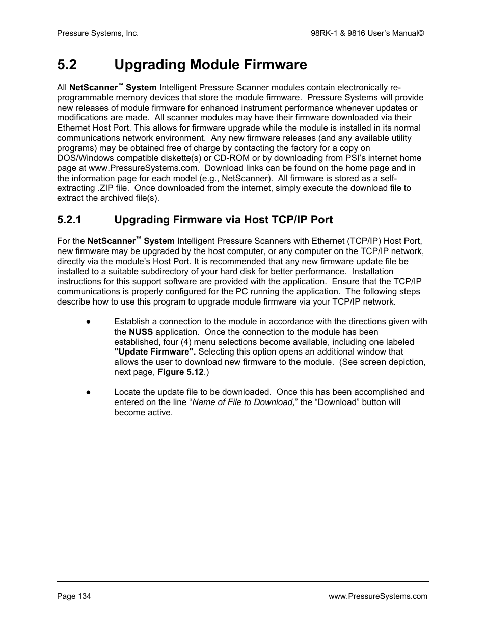 2 upgrading module firmware, 1 upgrading firmware via host tcp/ip port | Pressure Systems 98RK-1 User Manual | Page 136 / 153