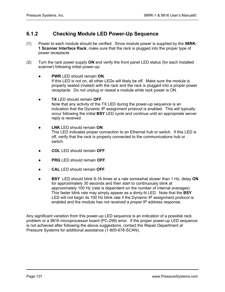 2 checking module led power-up sequence | Pressure Systems 98RK-1 User Manual | Page 139 / 153