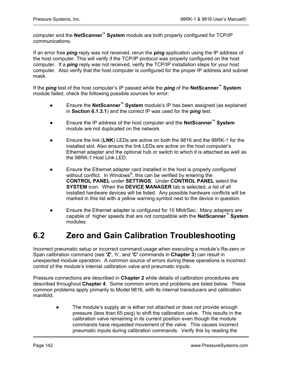 2 zero and gain calibration troubleshooting | Pressure Systems 98RK-1 User Manual | Page 144 / 153