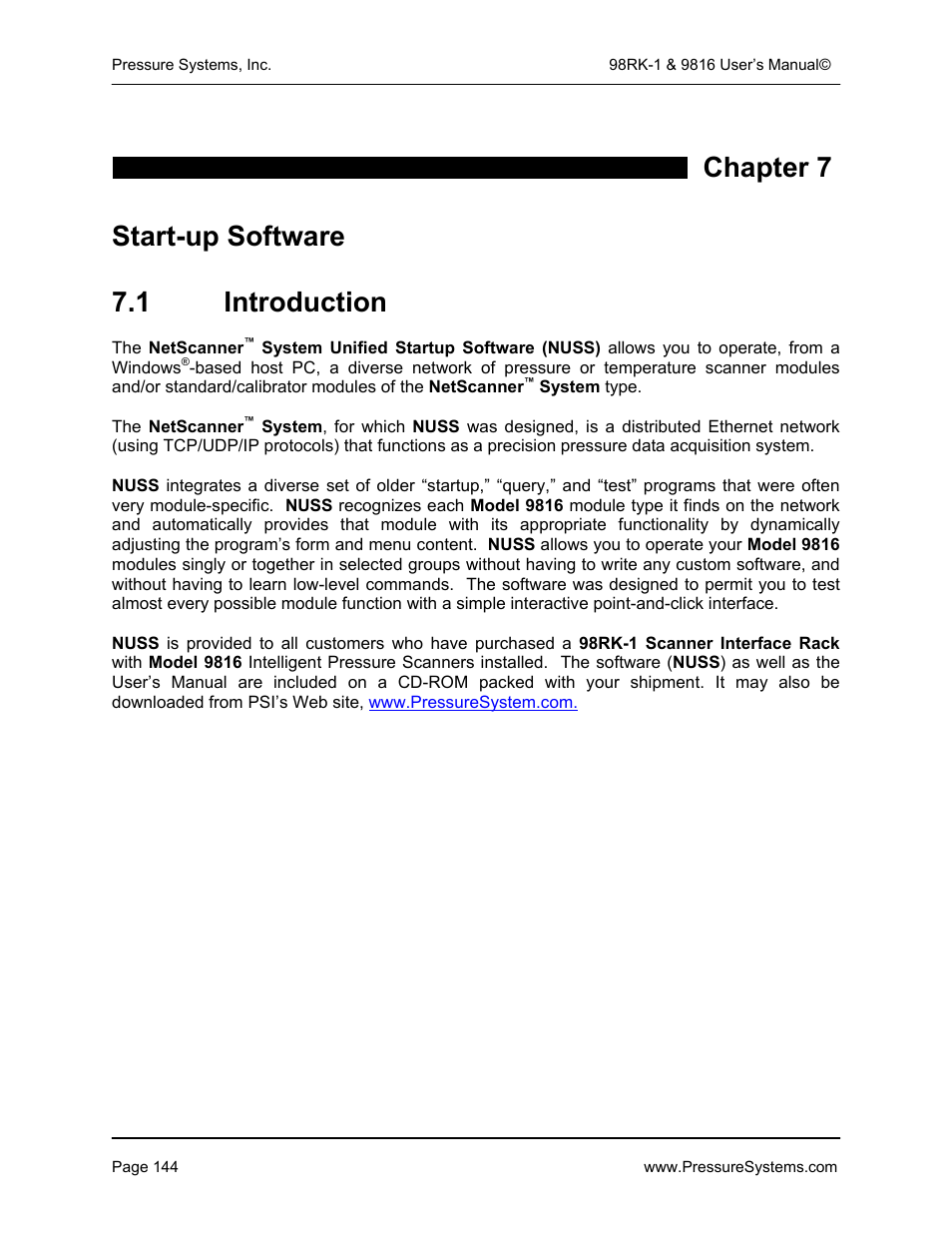 Chapter 7 start-up software, 1 introduction | Pressure Systems 98RK-1 User Manual | Page 146 / 153