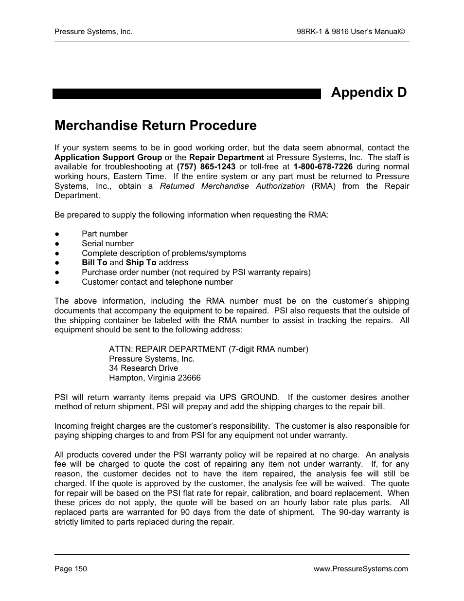 Appendix d merchandise return procedure | Pressure Systems 98RK-1 User Manual | Page 152 / 153