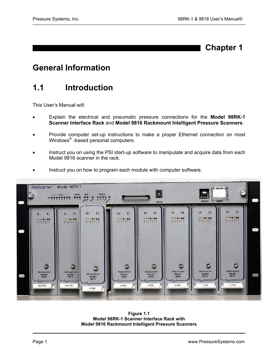 Chapter 1 general information 1.1 introduction | Pressure Systems 98RK-1 User Manual | Page 3 / 153