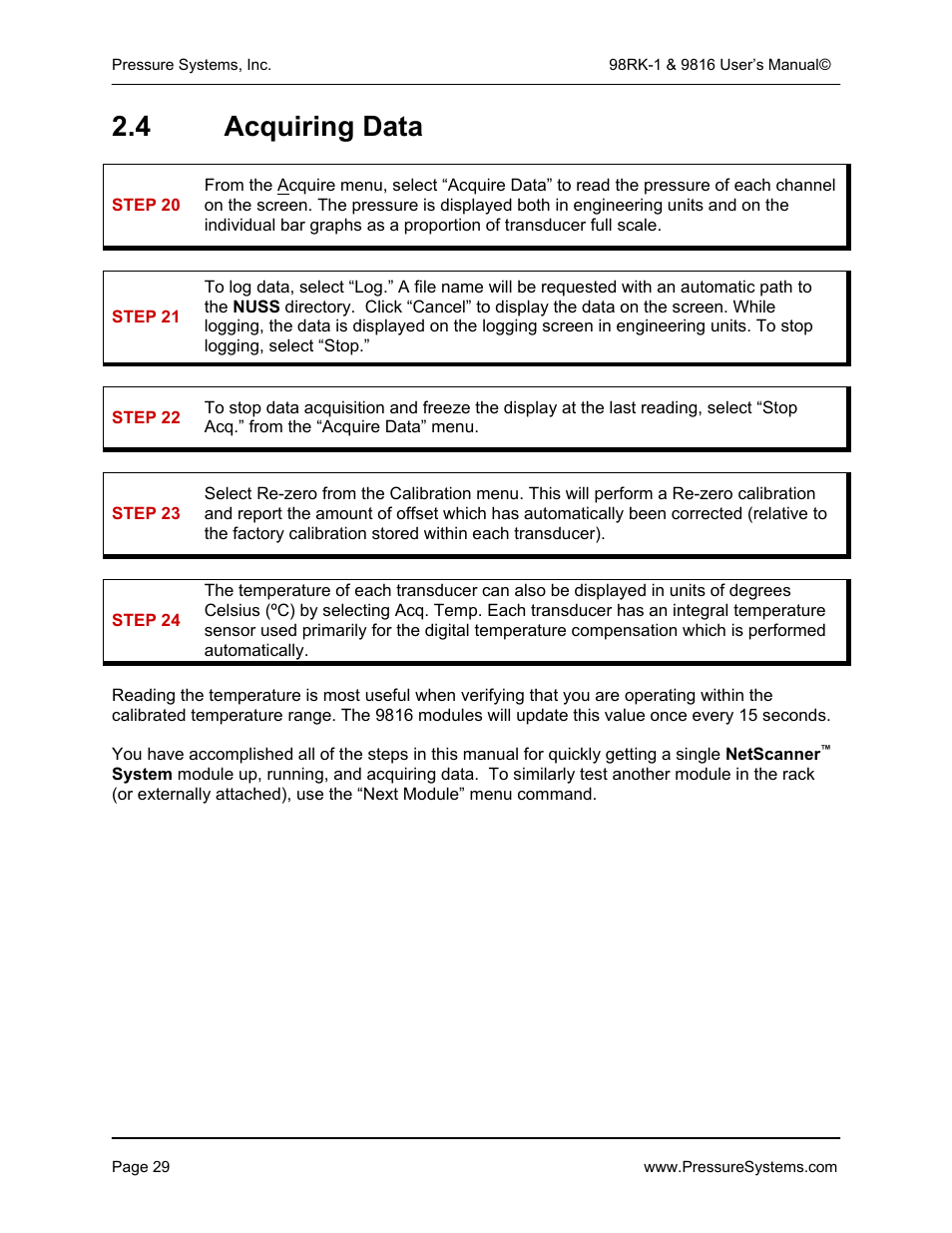 4 acquiring data | Pressure Systems 98RK-1 User Manual | Page 31 / 153