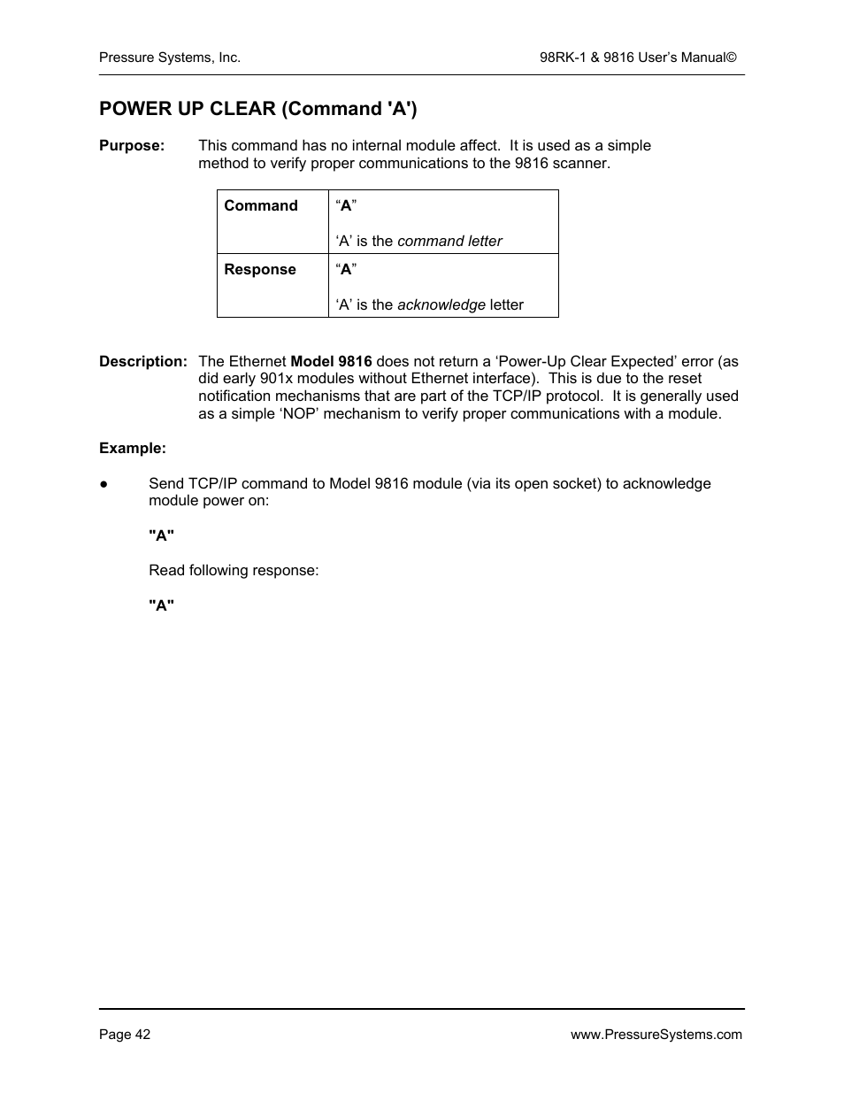 Power up clear (command 'a') | Pressure Systems 98RK-1 User Manual | Page 44 / 153