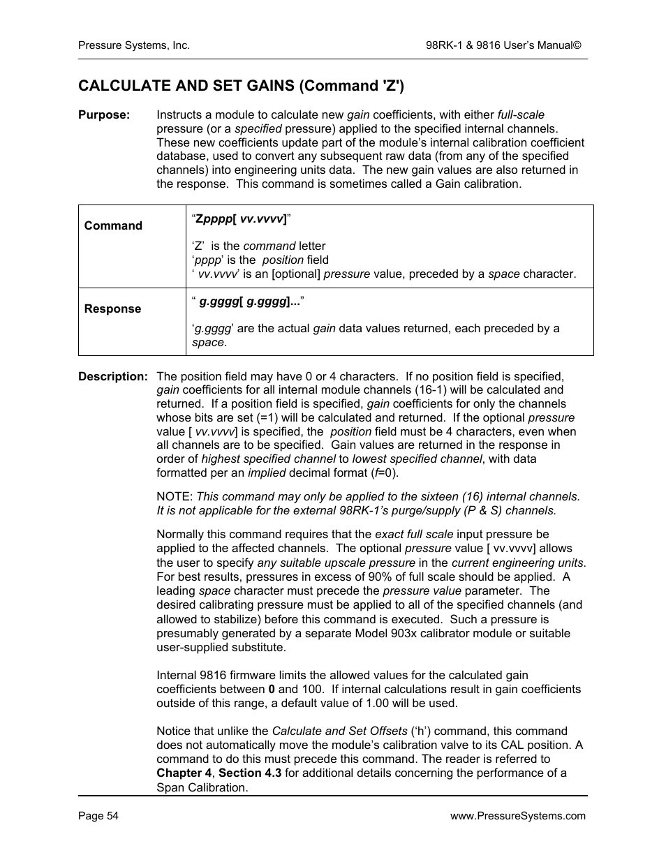 Calculate and set gains (command 'z') | Pressure Systems 98RK-1 User Manual | Page 56 / 153