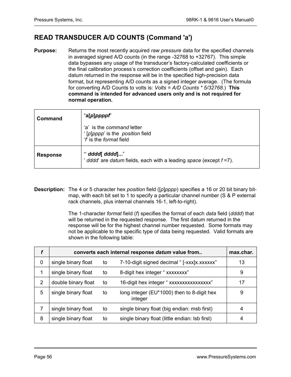 Read transducer a/d counts (command 'a') | Pressure Systems 98RK-1 User Manual | Page 58 / 153