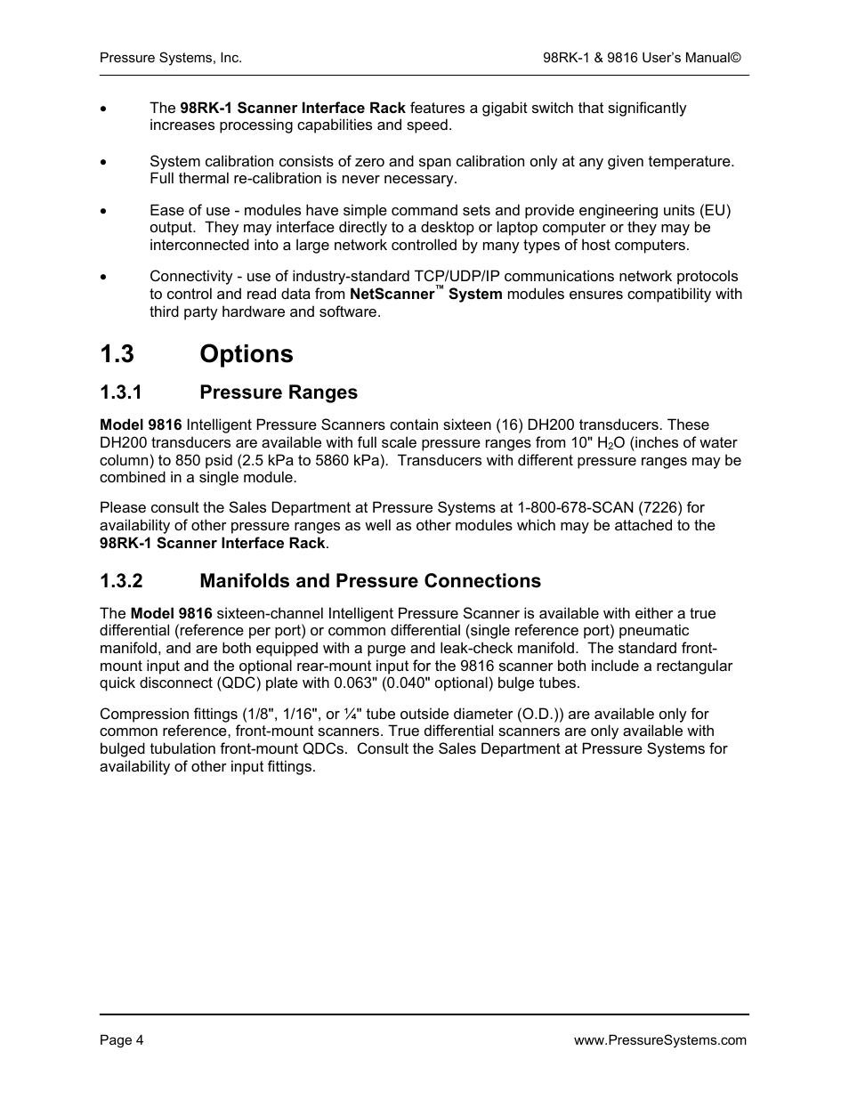 3 options, 1 pressure ranges, 2 manifolds and pressure connections | Pressure Systems 98RK-1 User Manual | Page 6 / 153