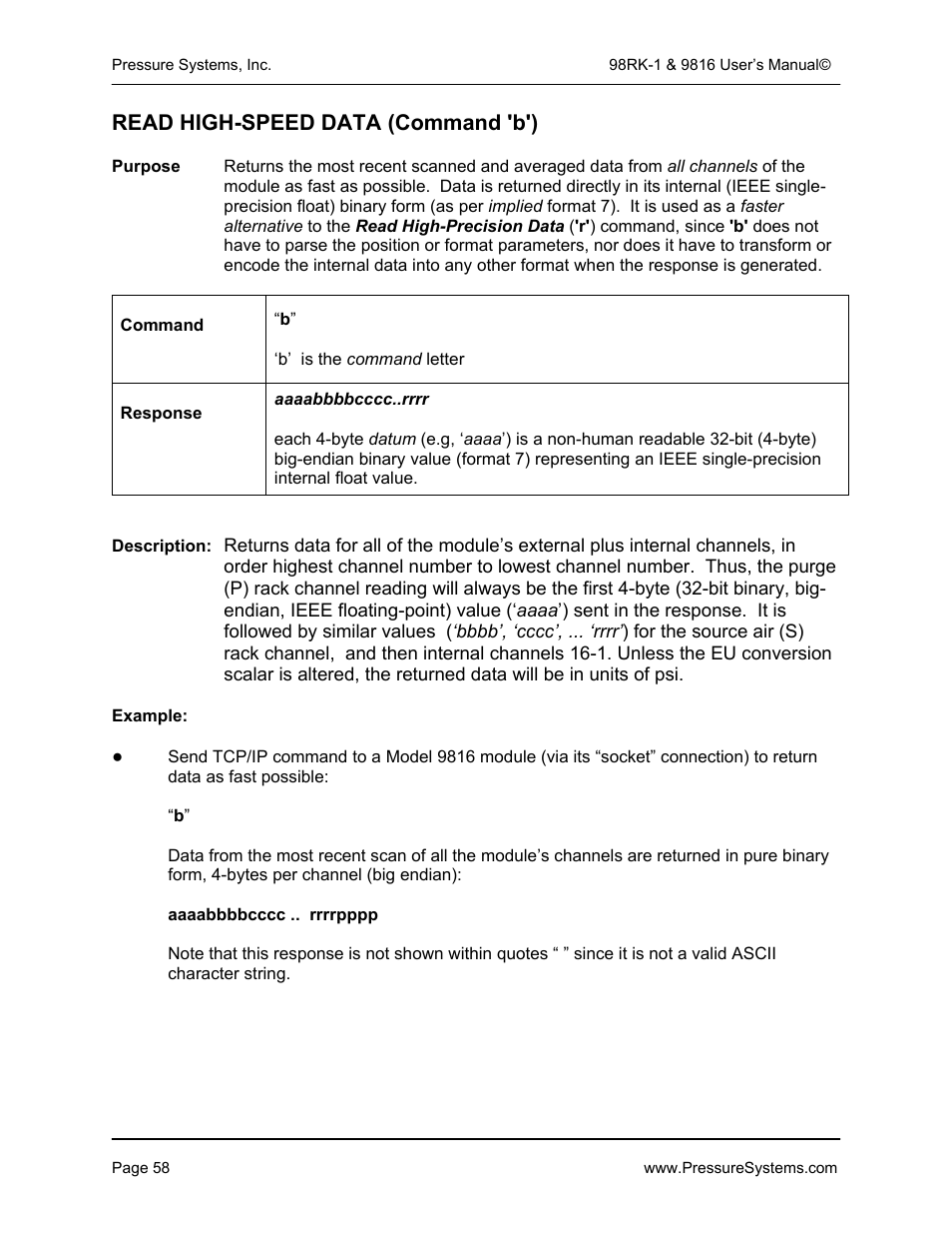 Read high-speed data (command 'b') | Pressure Systems 98RK-1 User Manual | Page 60 / 153