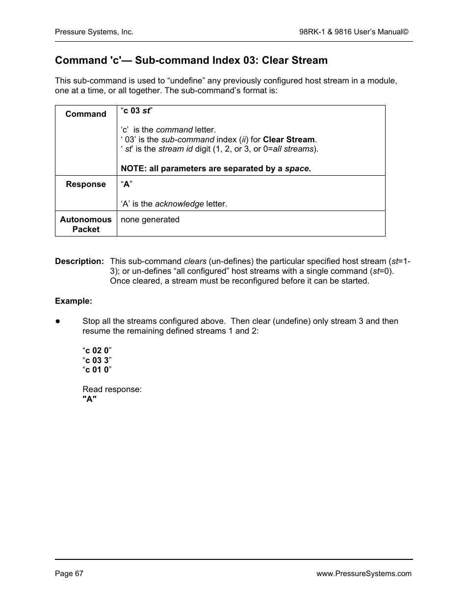 Command 'c'— sub-command index 03: clear stream | Pressure Systems 98RK-1 User Manual | Page 69 / 153