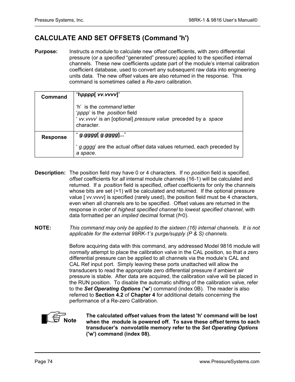 Calculate and set offsets (command 'h') | Pressure Systems 98RK-1 User Manual | Page 76 / 153