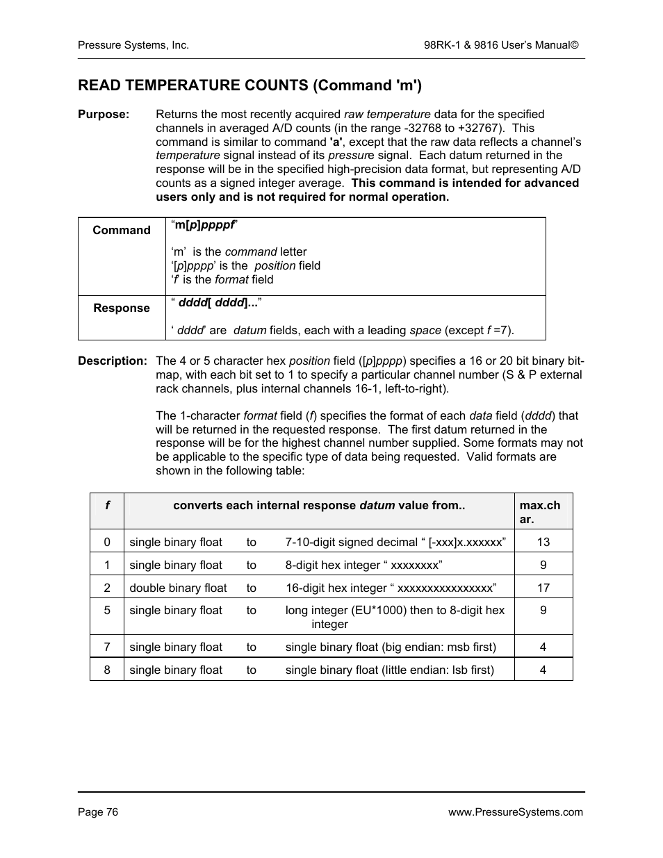 Read temperature counts (command 'm') | Pressure Systems 98RK-1 User Manual | Page 78 / 153