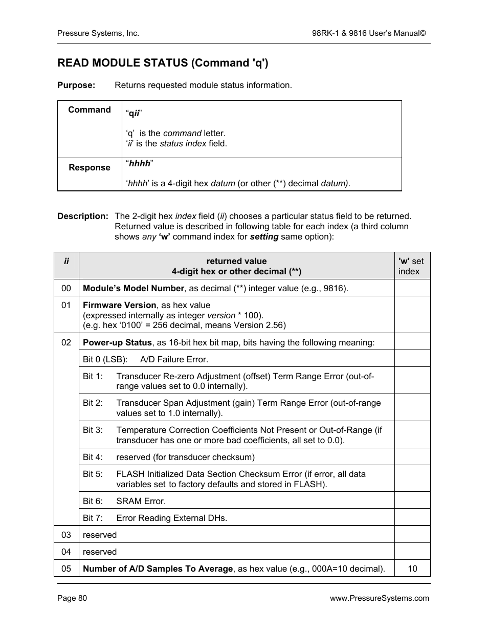 Read module status (command 'q') | Pressure Systems 98RK-1 User Manual | Page 82 / 153