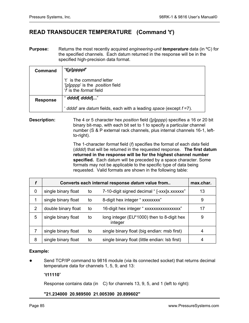 Read transducer temperature (command 't') | Pressure Systems 98RK-1 User Manual | Page 87 / 153