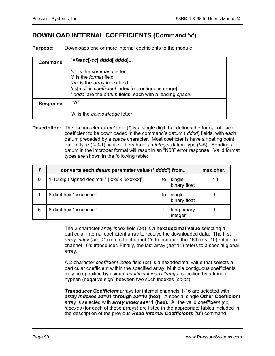 Download internal coefficients (command 'v') | Pressure Systems 98RK-1 User Manual | Page 92 / 153