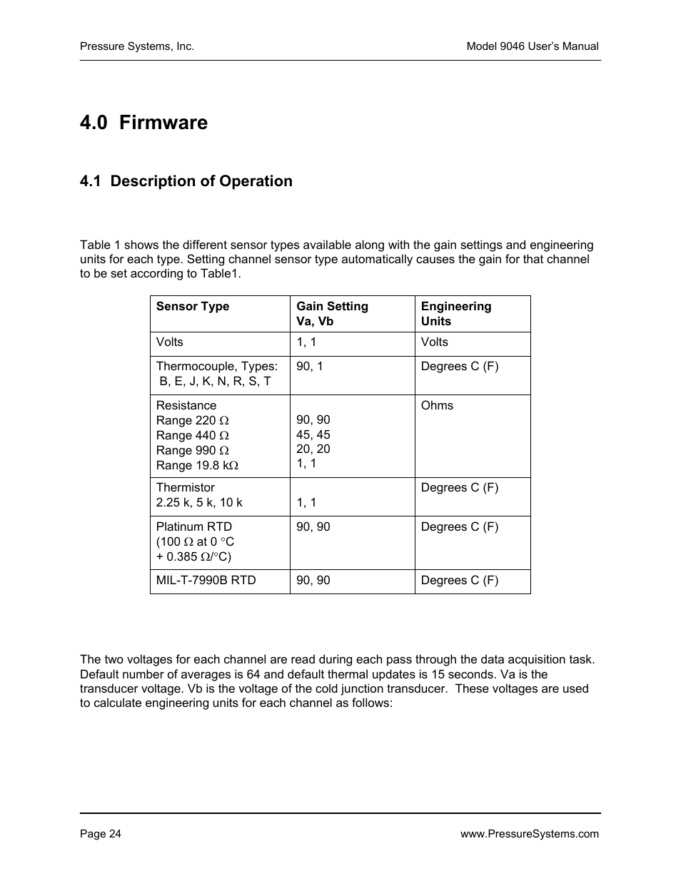 0 firmware, 1 description of operation | Pressure Systems 9046 User Manual | Page 30 / 72