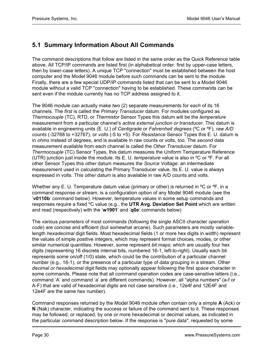 1 summary information about all commands | Pressure Systems 9046 User Manual | Page 36 / 72