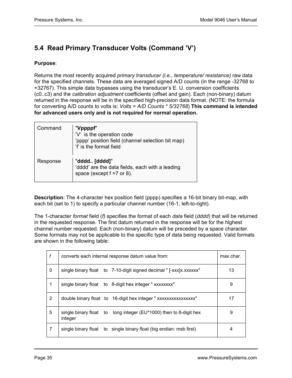 4 read primary transducer volts (command ’v’) | Pressure Systems 9046 User Manual | Page 41 / 72