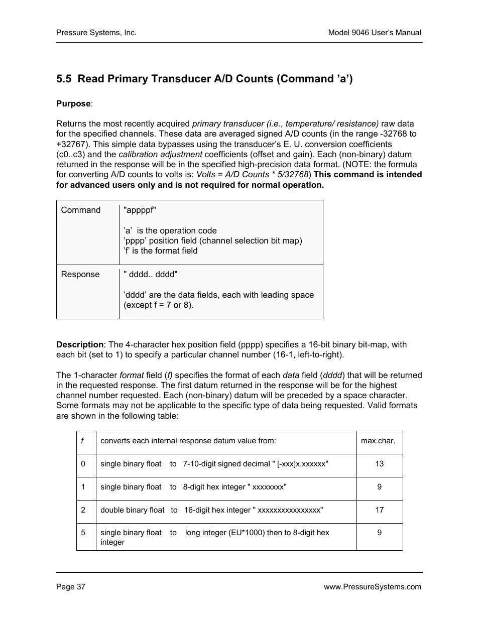 5 read primary transducer a/d counts (command ’a’) | Pressure Systems 9046 User Manual | Page 43 / 72