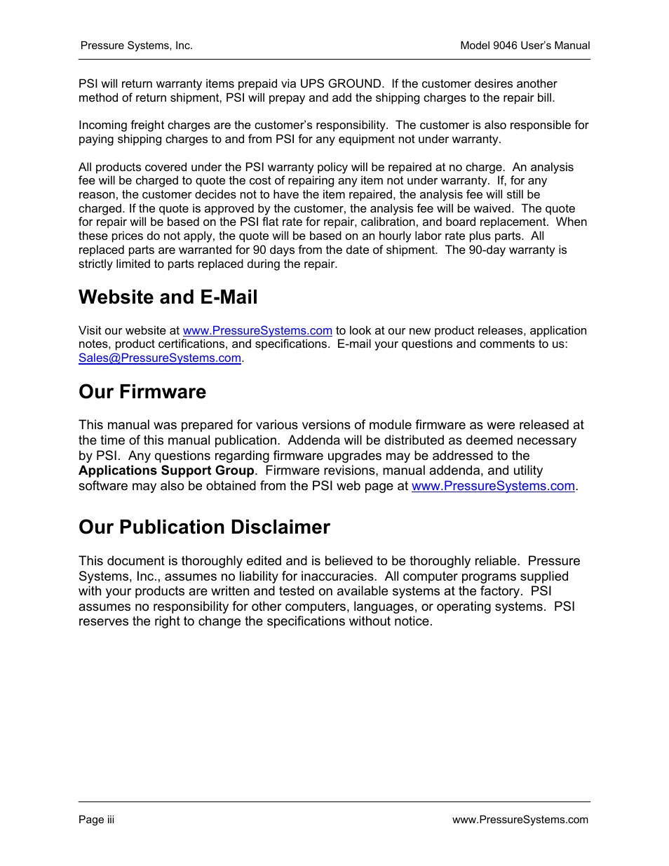 Website and e-mail, Our firmware, Our publication disclaimer | Pressure Systems 9046 User Manual | Page 5 / 72