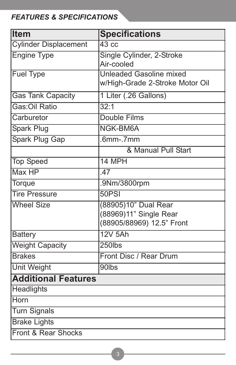 Item specifications, Additional features | Electra Accessories 88969 User Manual | Page 4 / 27